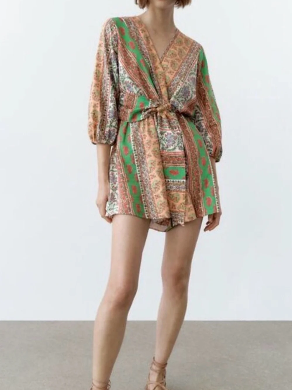 Zara Linen Blend Paisley Floral Patchwork Playsuit Romper NWT S